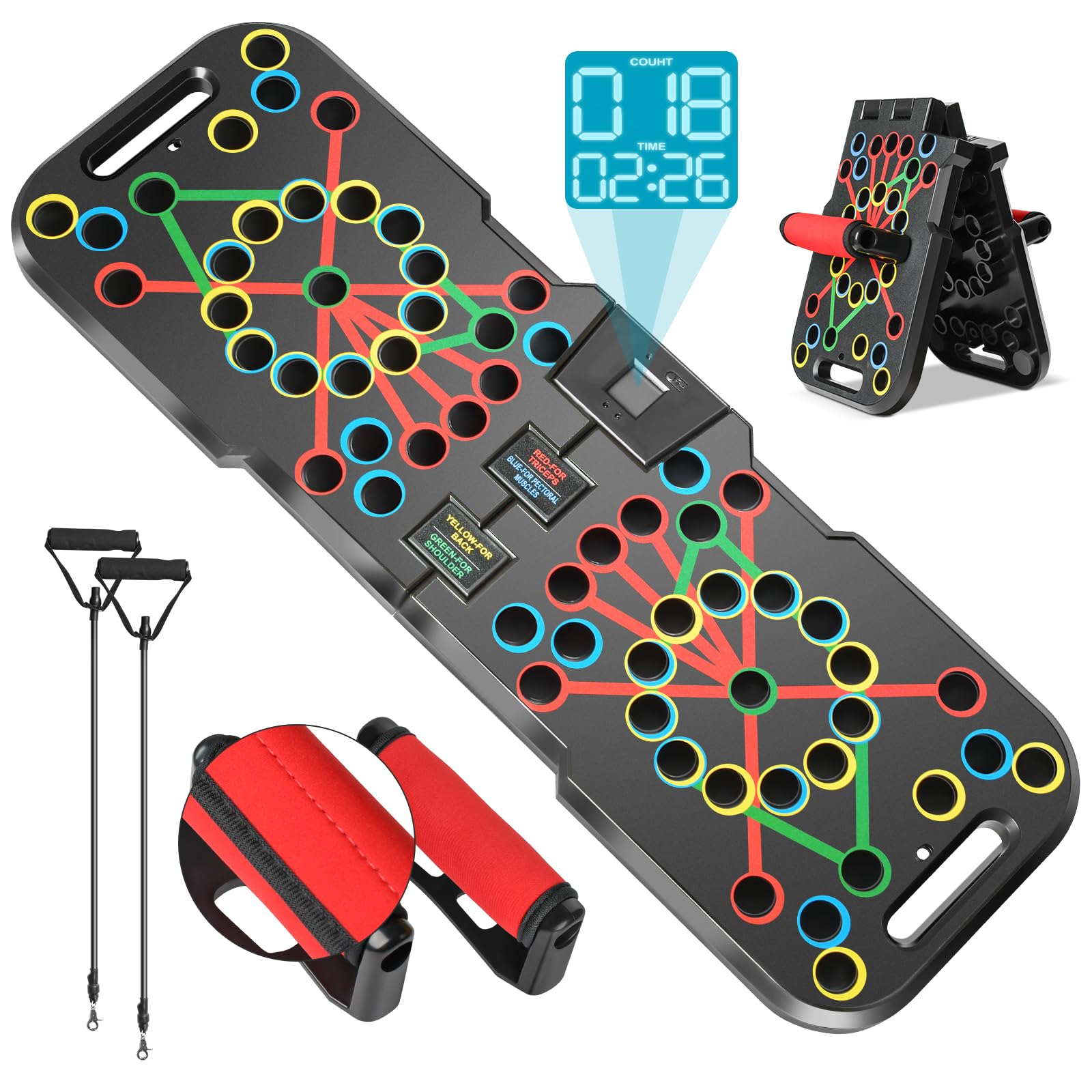 Planche de pompes SmartTrack 60-en-1 sombre avec appuis cercles colorés et poignées rouges