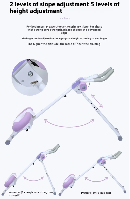 Appareil de gainage abdominal : châssis blanc, coussins violet, réglages d’inclinaison