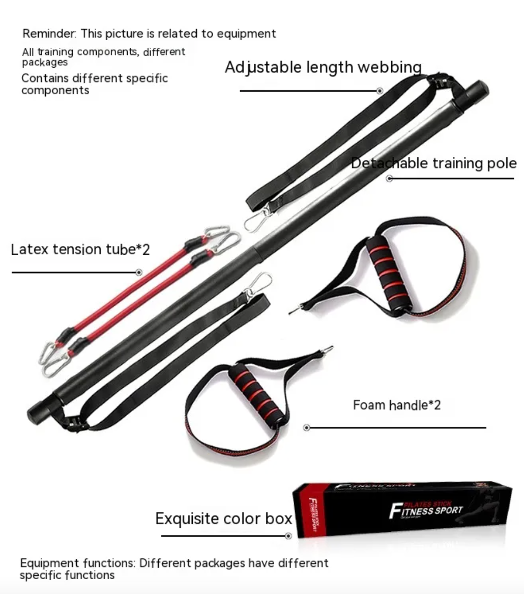 Barre de Pilates ajustable, tubes latex rouges, poignées en mousse et sangles noires
