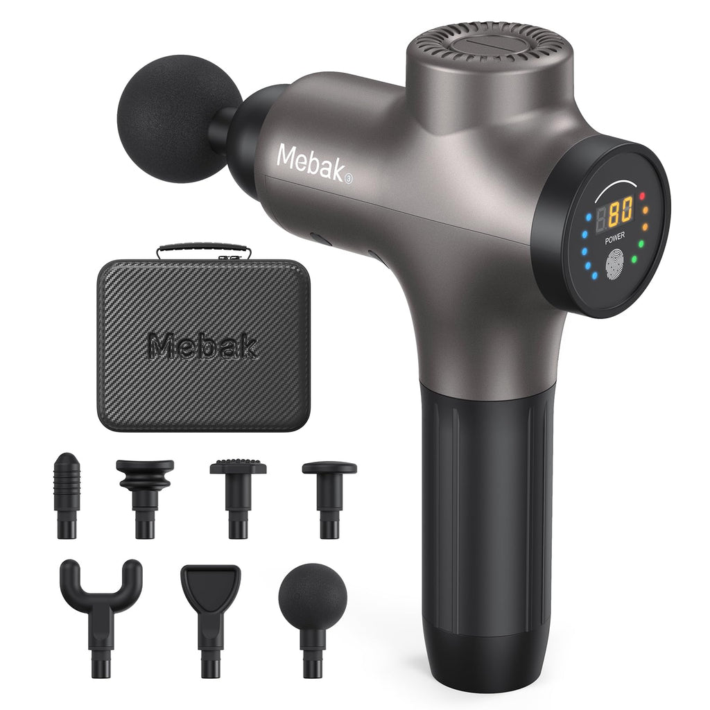 Pistolet de massage Mebak à percussion profonde, gris foncé, écran LED et étui