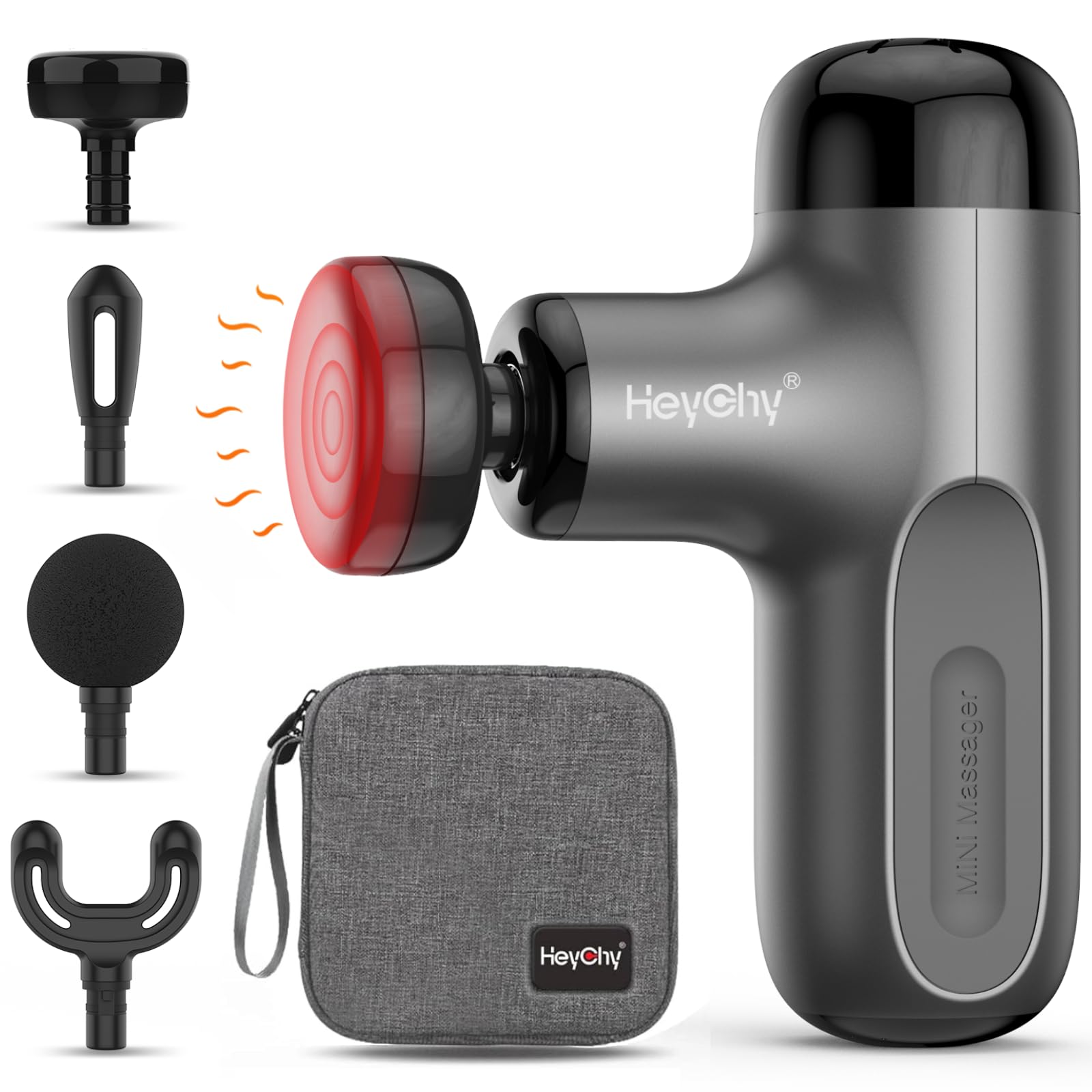 Pistolet de massage compact HeyChy et embouts interchangeables, plus étui tissu gris