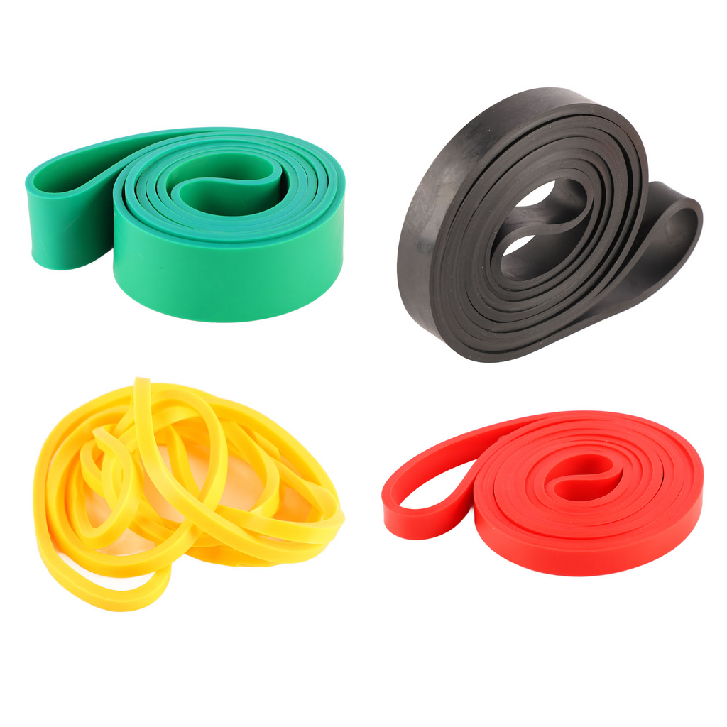 Lot de 4 bandes élastiques fitness : turquoise, noire, jaune et rouge, enroulées
