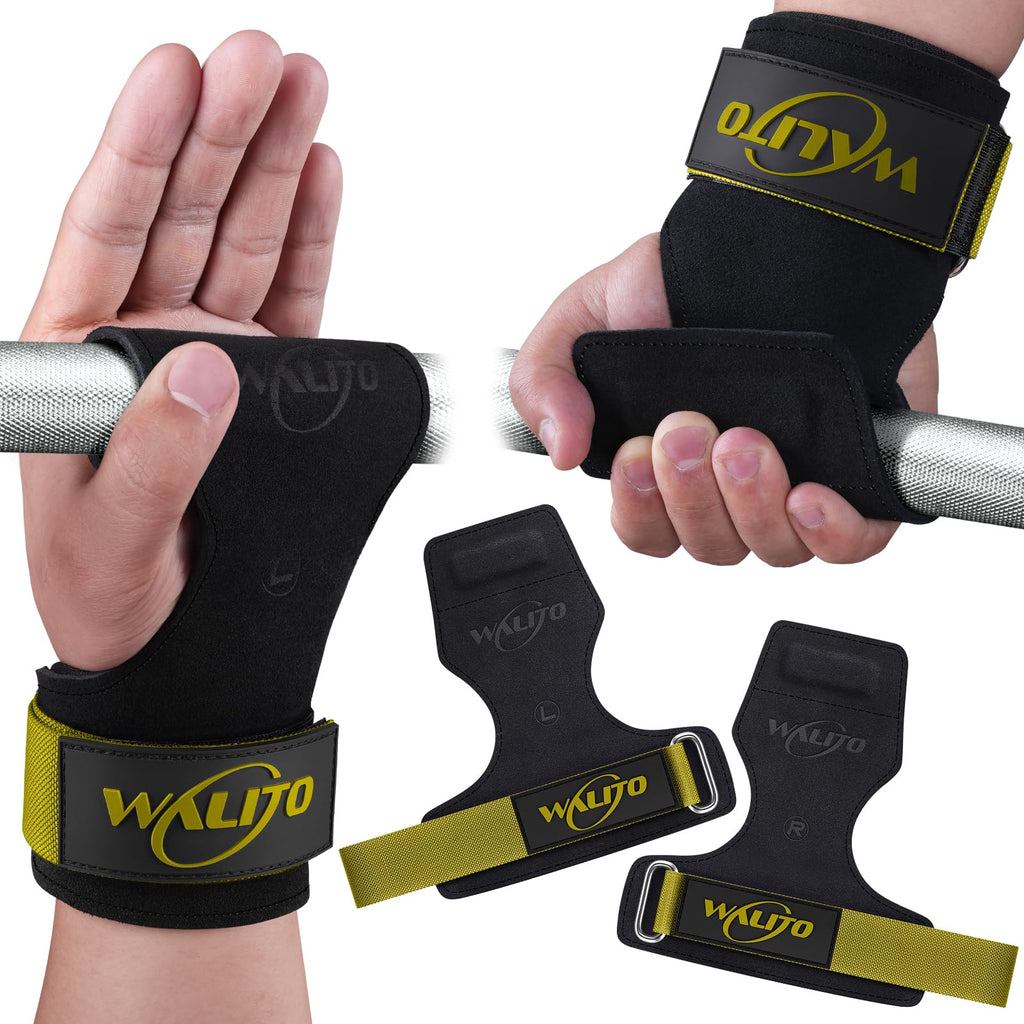 Sangle de levage en cuir noire, fermeture réglable et logo jaune sur le poignet