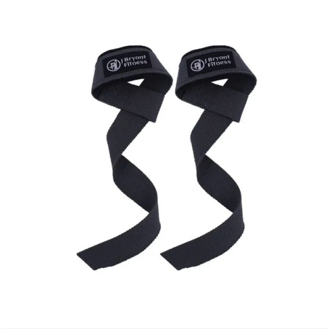 Sangles de fitness noires, deux bandes croisées, boucle noire et logo central.