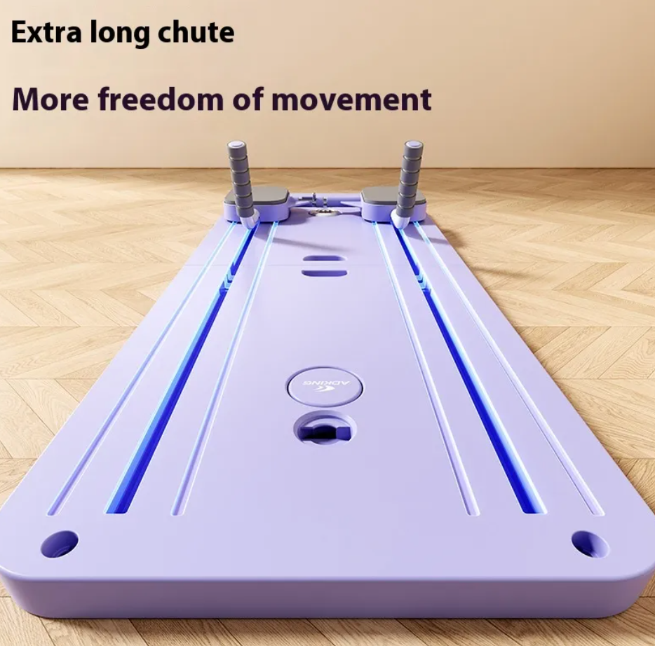 Planche abdominale lilas avec quatre supports à ressort et cadre central, vue de face.
