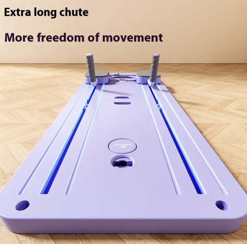 Planche abdominale lilas avec quatre supports à ressort et cadre central, vue de face.