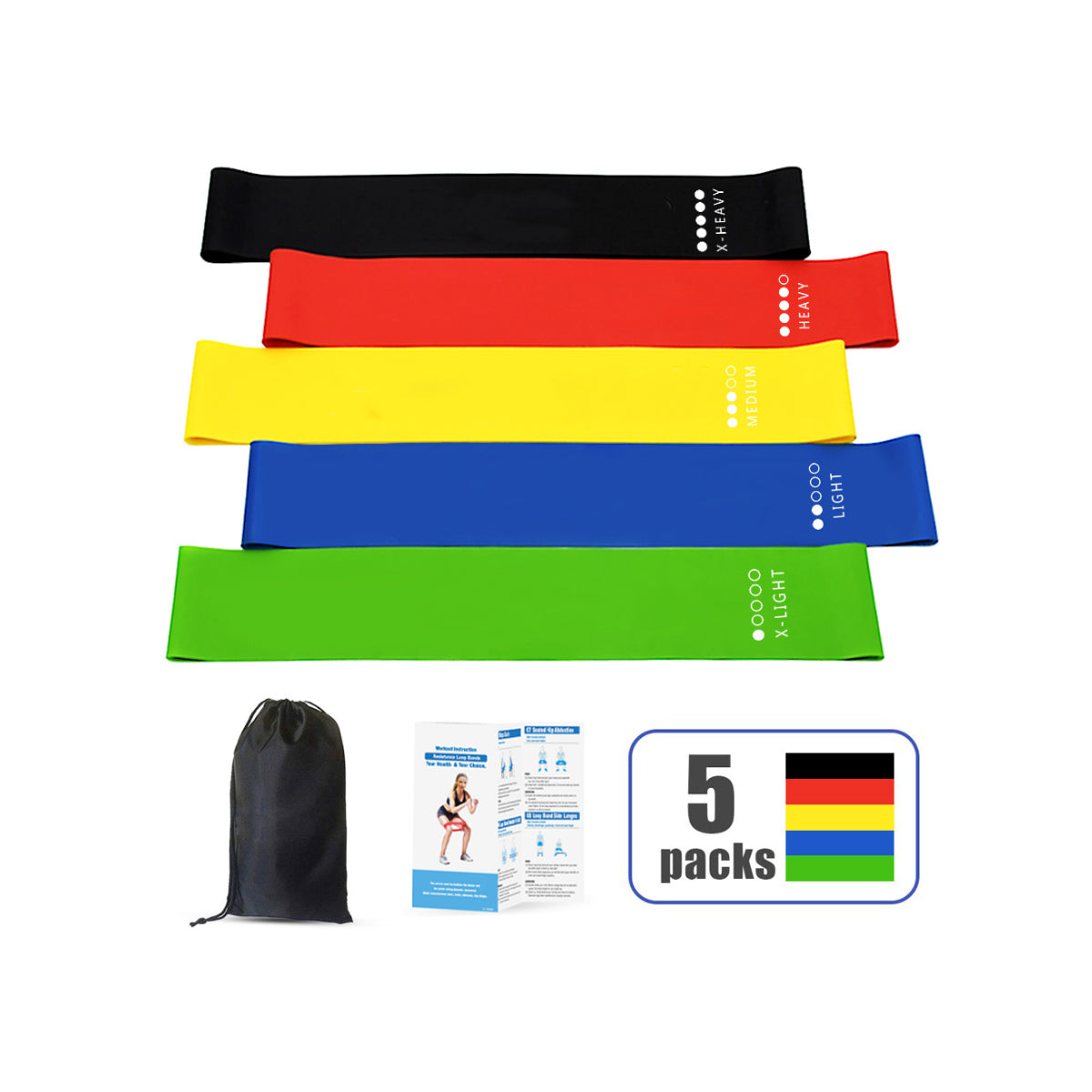 Lot de 5 bandes élastiques en latex noir, rouge, jaune, bleu et vert, avec pochette.