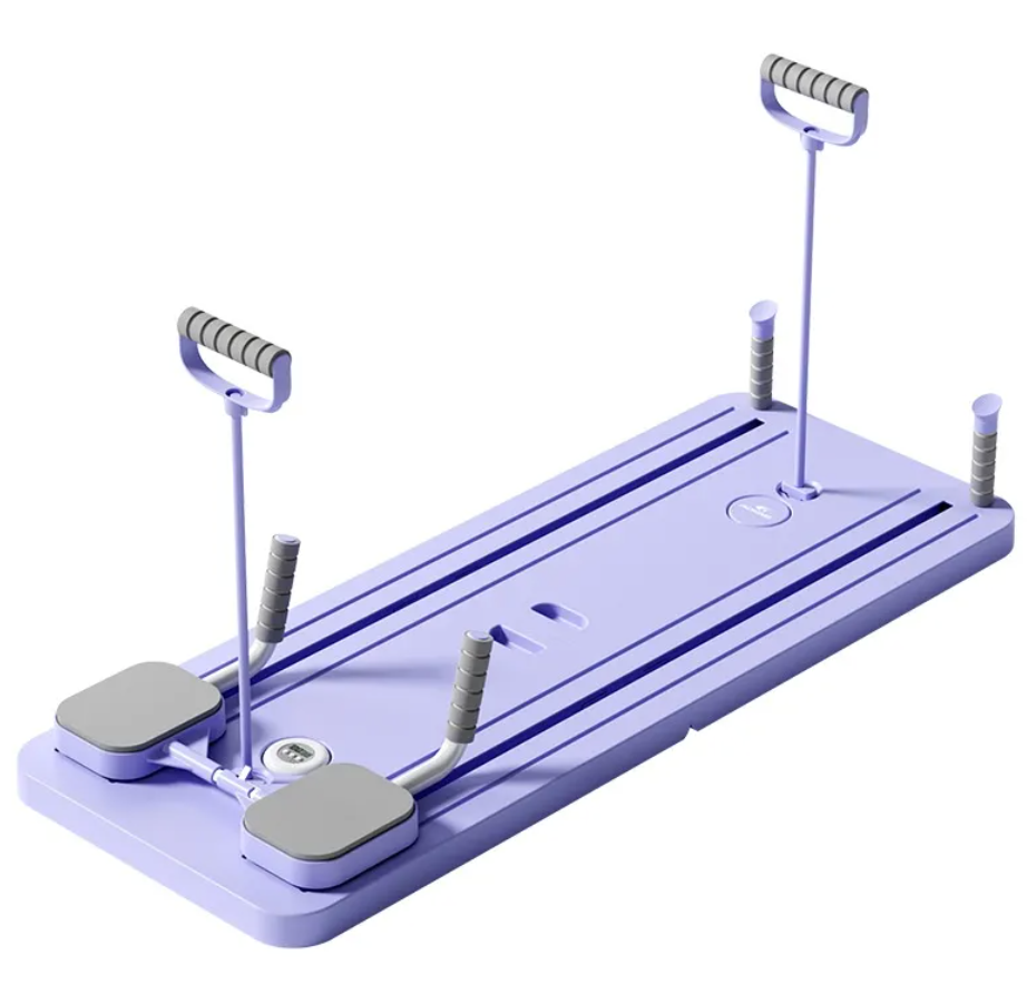 Planche abdominale lilas avec supports à ressort et guidage central, pédales carrées grises.