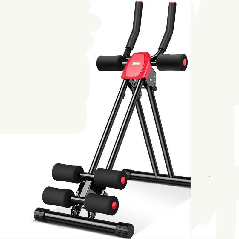 Machine d’abdos noire avec console rouge et quatre rouleaux