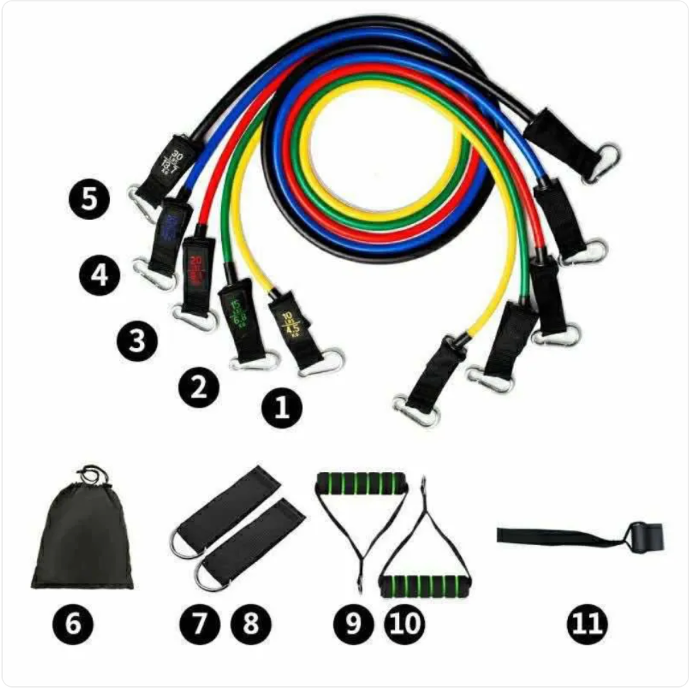 Ensemble complet de bandes de résistance : cordes de couleurs, sangles et accessoires de fixation.