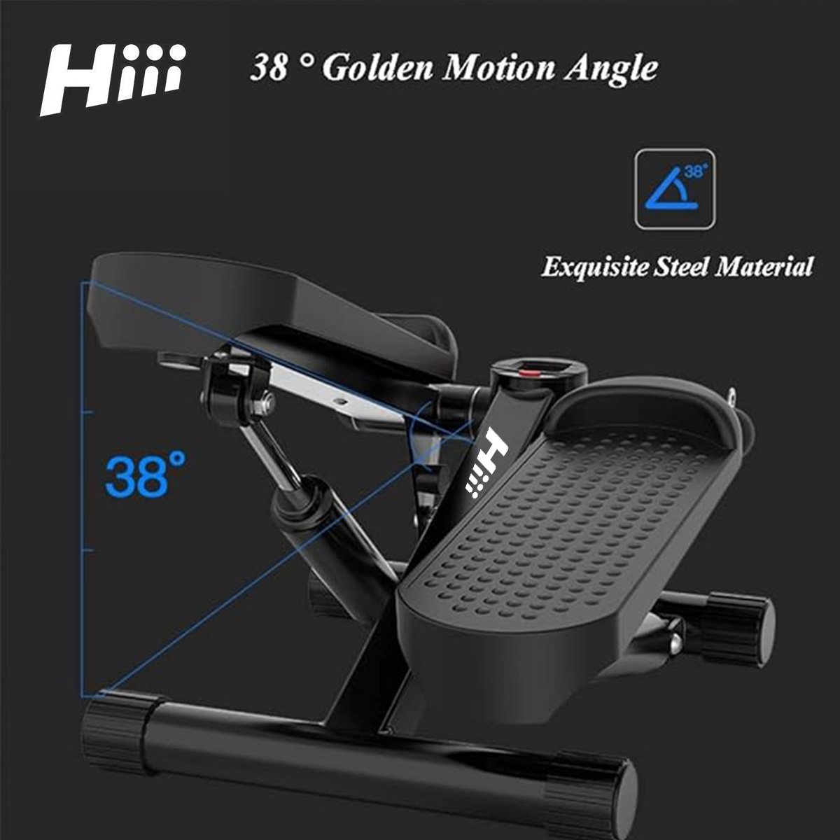 Stepper de fitness noir avec mécanisme d’inclinaison et pédales antidérapantes