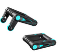 Rouleau de gainage noir avec roues turquoise et poignées antidérapantes, compact.
