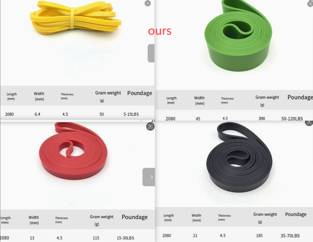 Lot de 4 bandes élastiques fitness : jaune, vert, rouge et noir en rouleaux