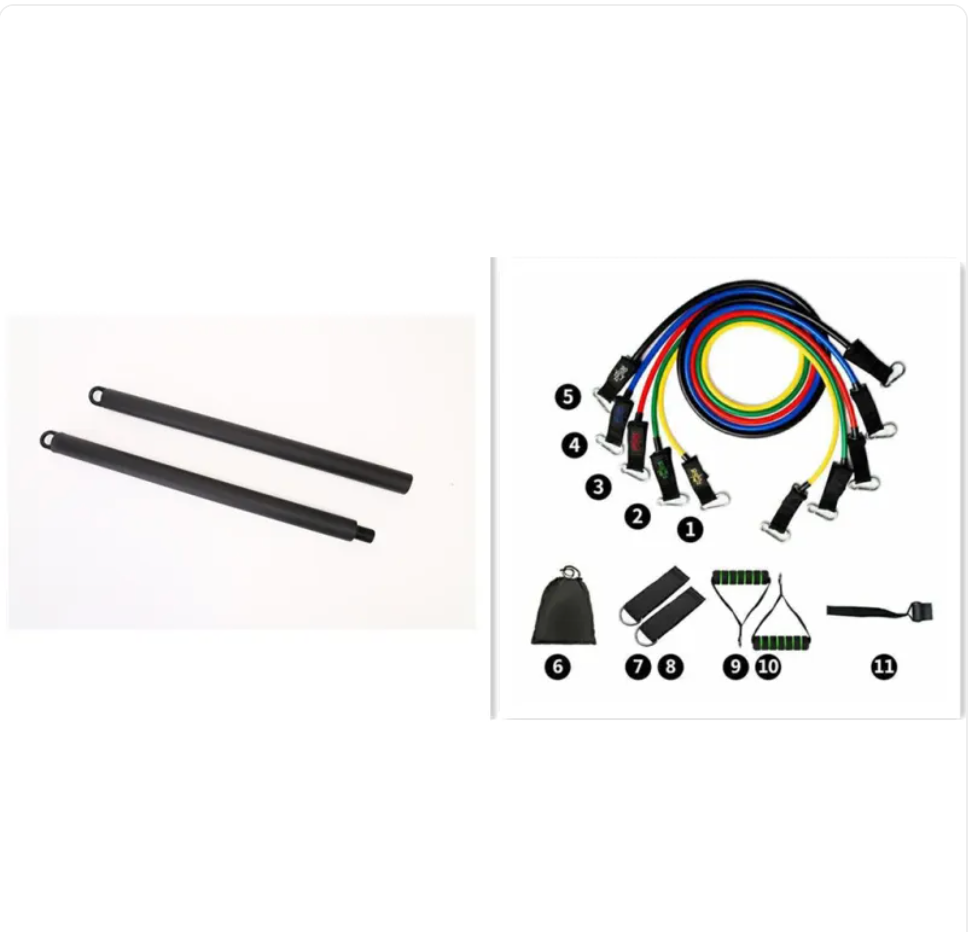 Accessoires pour bandes de résistance : barres, bandes et porte-sac avec instructions visuelles.