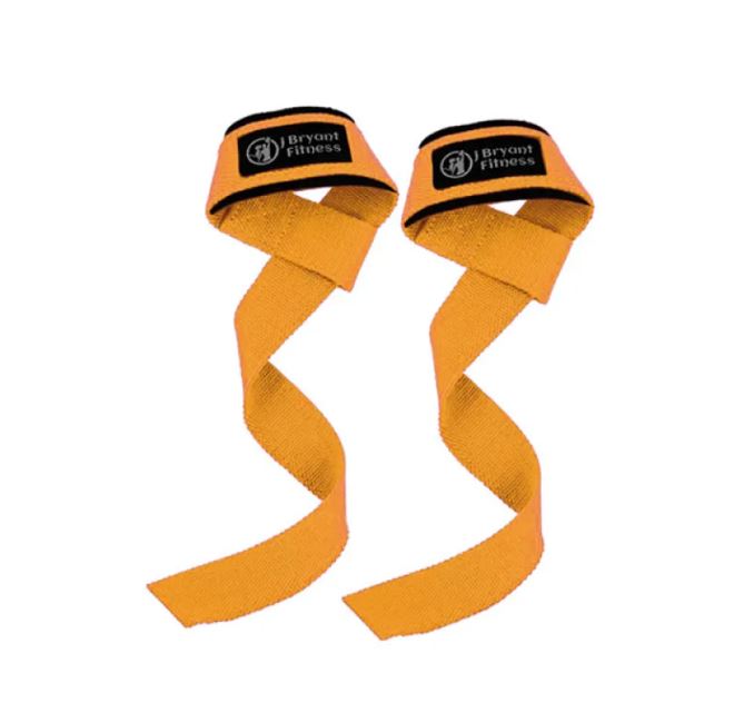 Sangles de fitness orange, deux bandes croisées, avec boucle noire et logo.