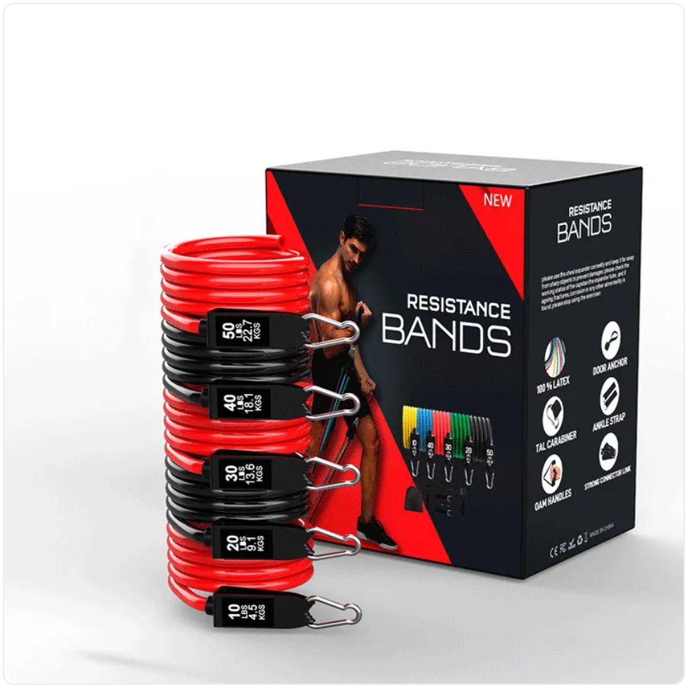 Bandes de résistance rouges empilées avec boîte « Resistance Bands »