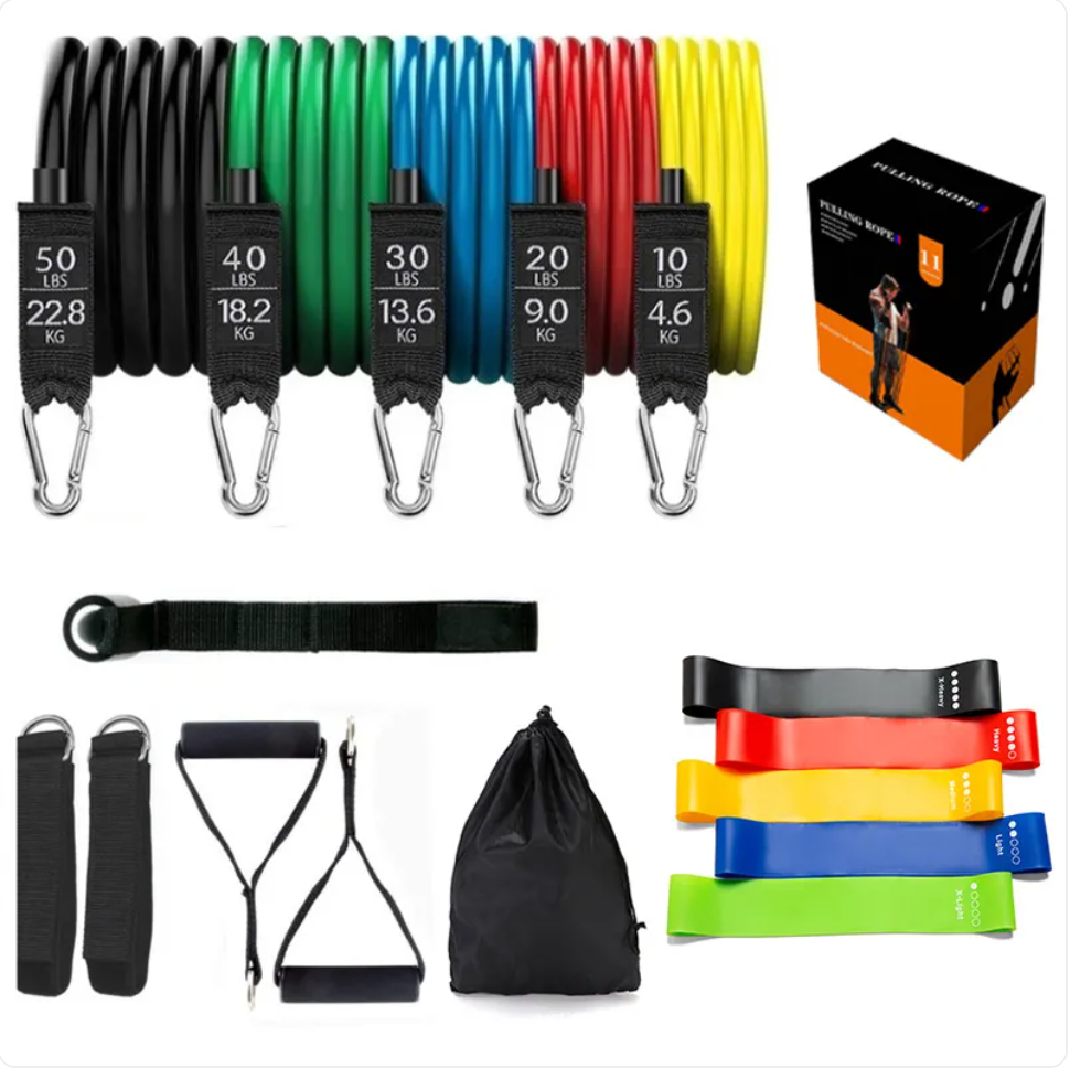 Série de bandes de résistance colorées avec étiquettes de poids, sangles et sac de rangement.