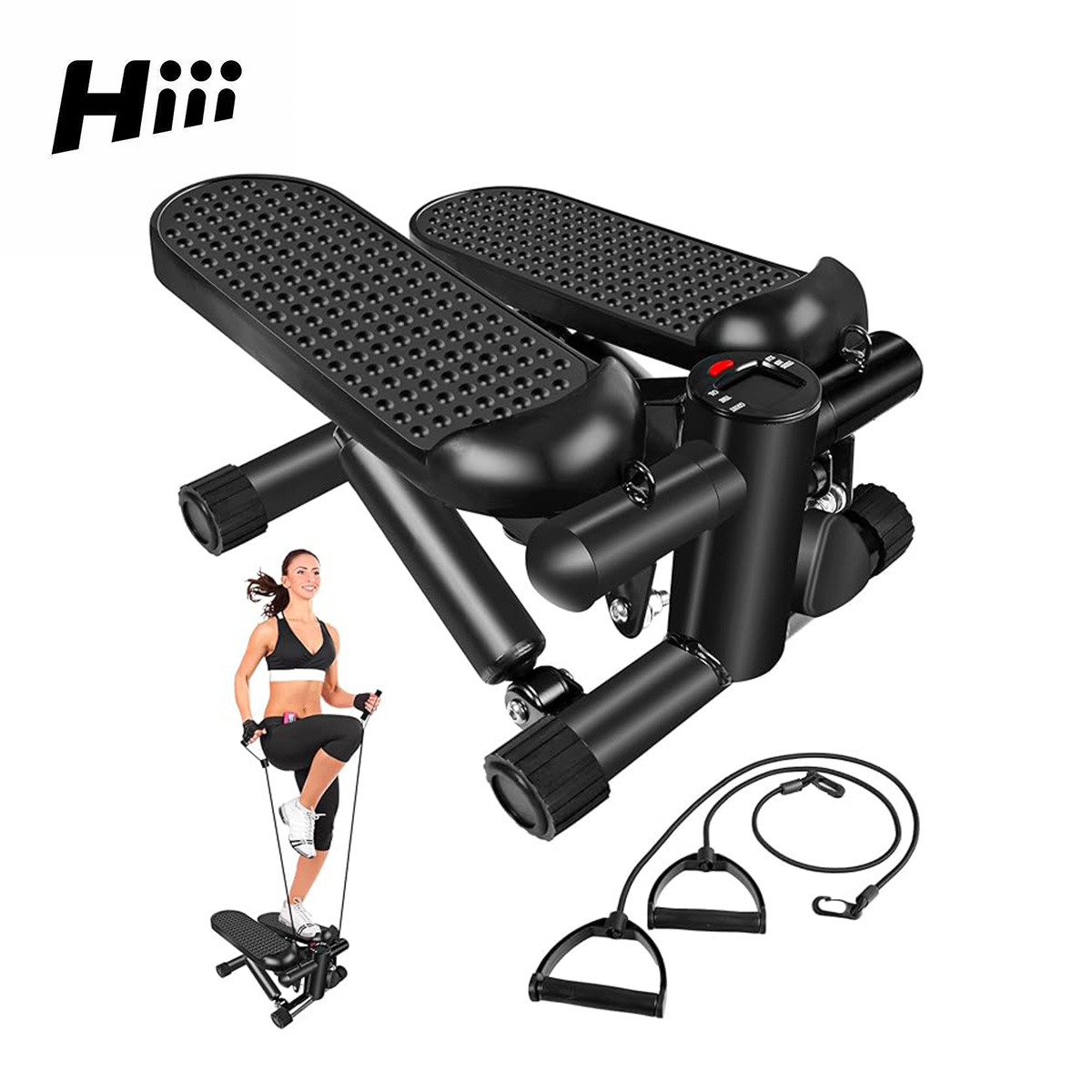 Stepper de fitness noir avec bandes, pédales antidérapantes et molettes de réglage
