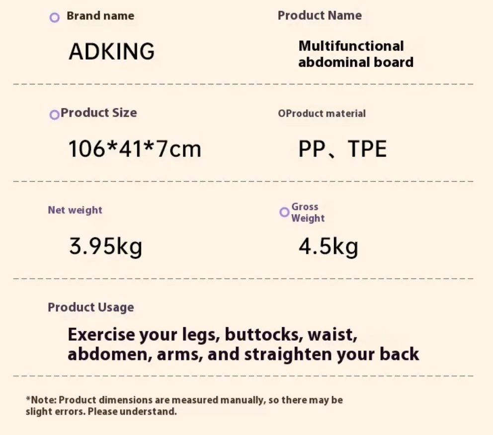 Fiche produit : planche abdominale, dimensions 106×41×7 cm, matériaux PP et TPE.