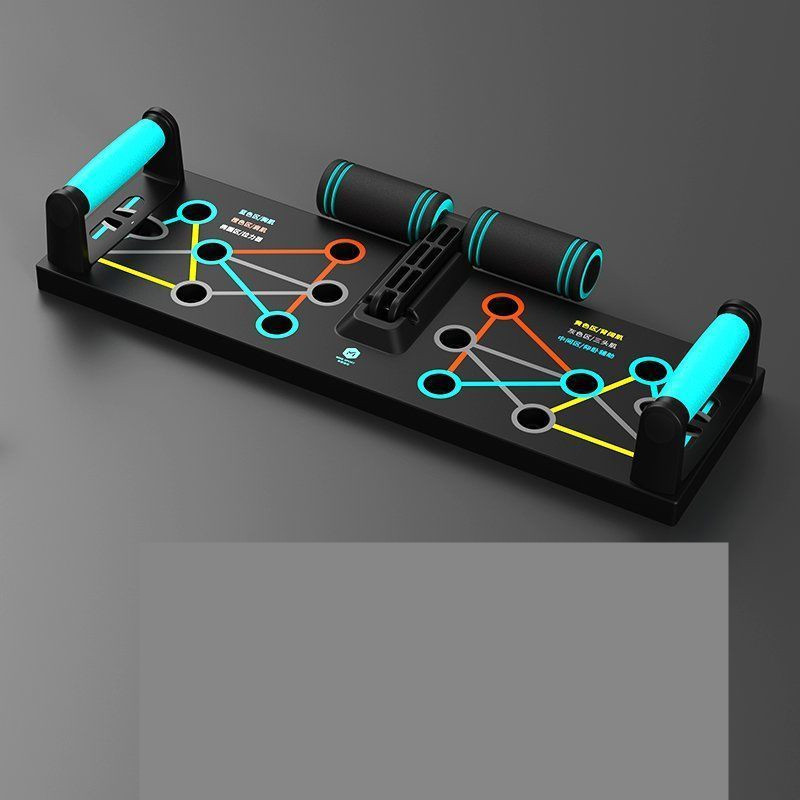 Plateau de pompes avec base noire, poignées turquoise et repères d’exercices multicolores
